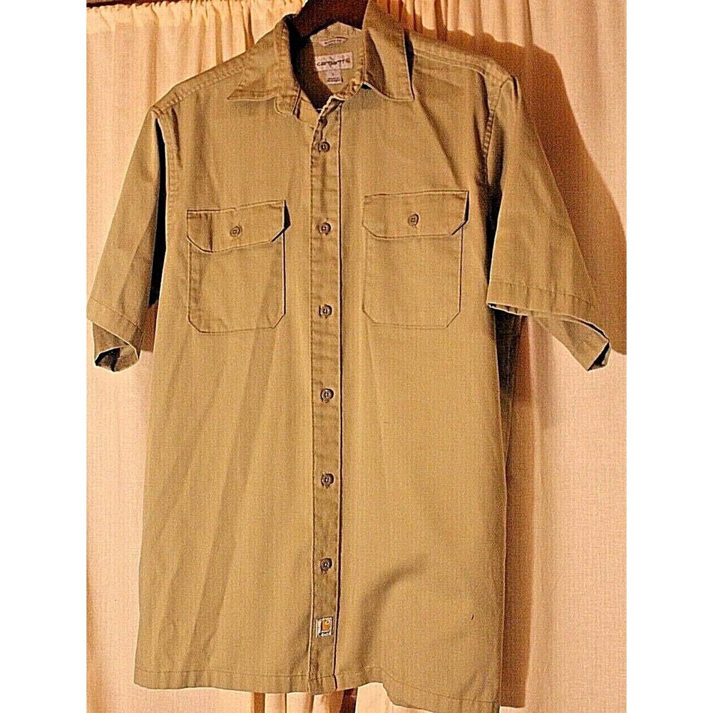 CARHARTT SHORT SLEEVE BUTTON UP TAN KHAKI CHINO SHIRT MENS SIZE L OUTDOOR WORK
